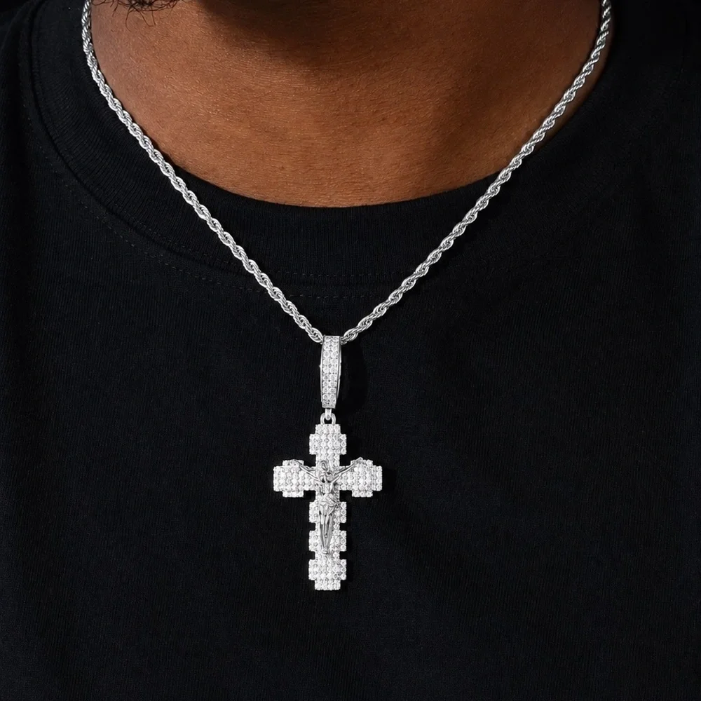 925 Sterling Silver 3.00CTW MOISSANITE Crucifix Cross Men’s Pendant